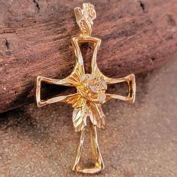 Gold Over Sterling Diamond Cut 3D Rose Open Cross Pendant - Picture 2 of 5